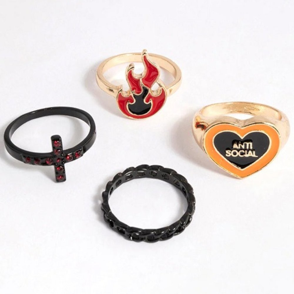 LOVISA 4pc GOTH ANTISOCIAL/CHAIN/CROSS/FLAME BLOOD RED CRYSTAL RING SET MIXED SZ